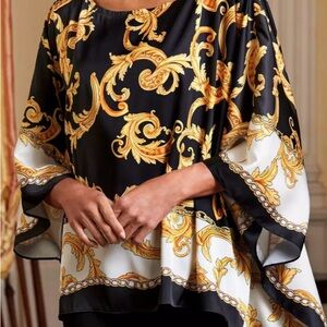 Boston Proper Black and Gold Baroque Satin Blouse